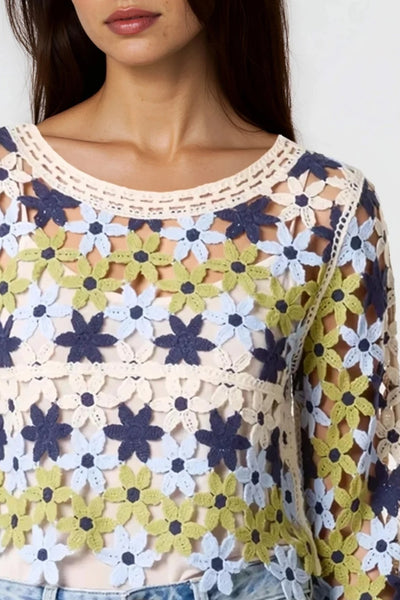 Navy Khaki Floral Crochet Cropped Jumper