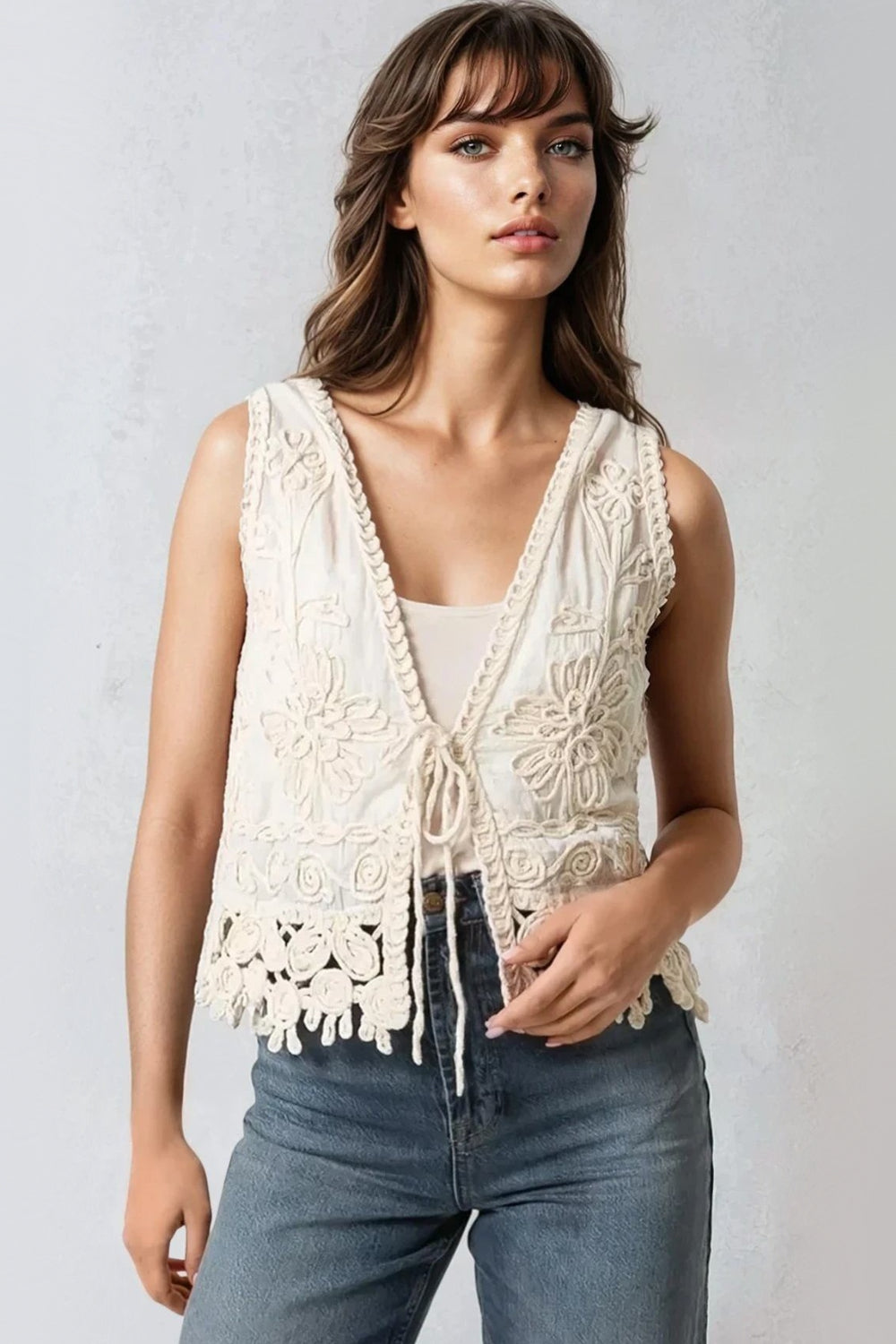 Beige Floral Crochet Vest