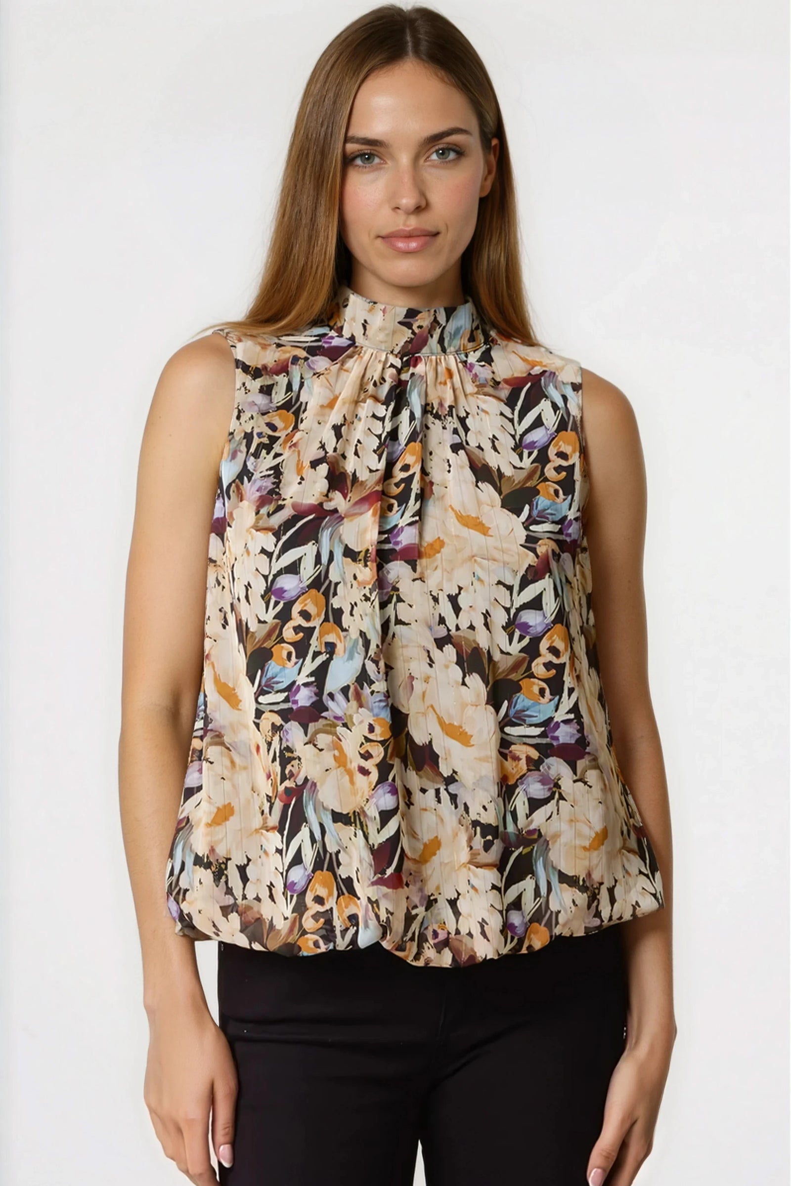 Black Floral High Neck Puffball Top