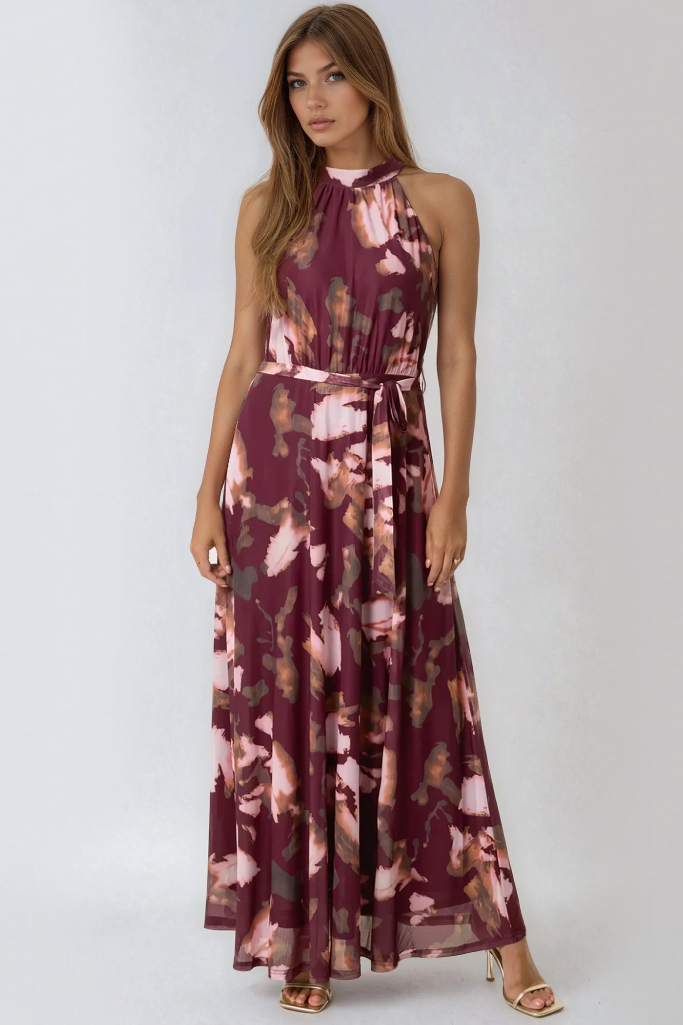 Wine Floral Halterneck Belted Maxi Dress