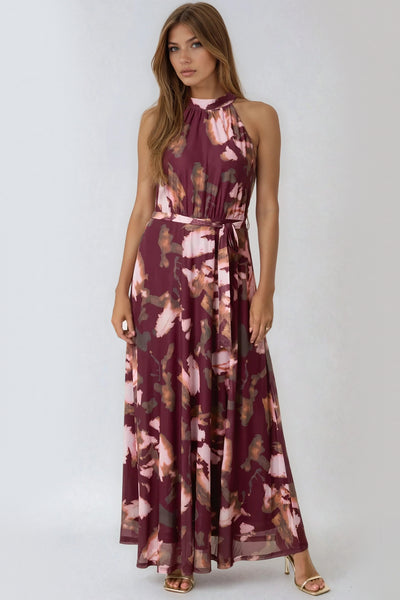 Wine Floral Halterneck Belted Maxi Dress