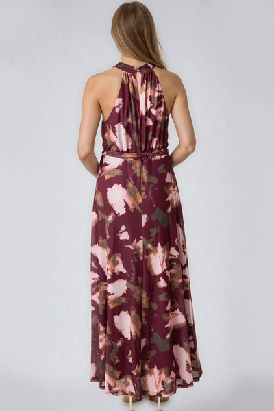 Wine Floral Halterneck Belted Maxi Dress
