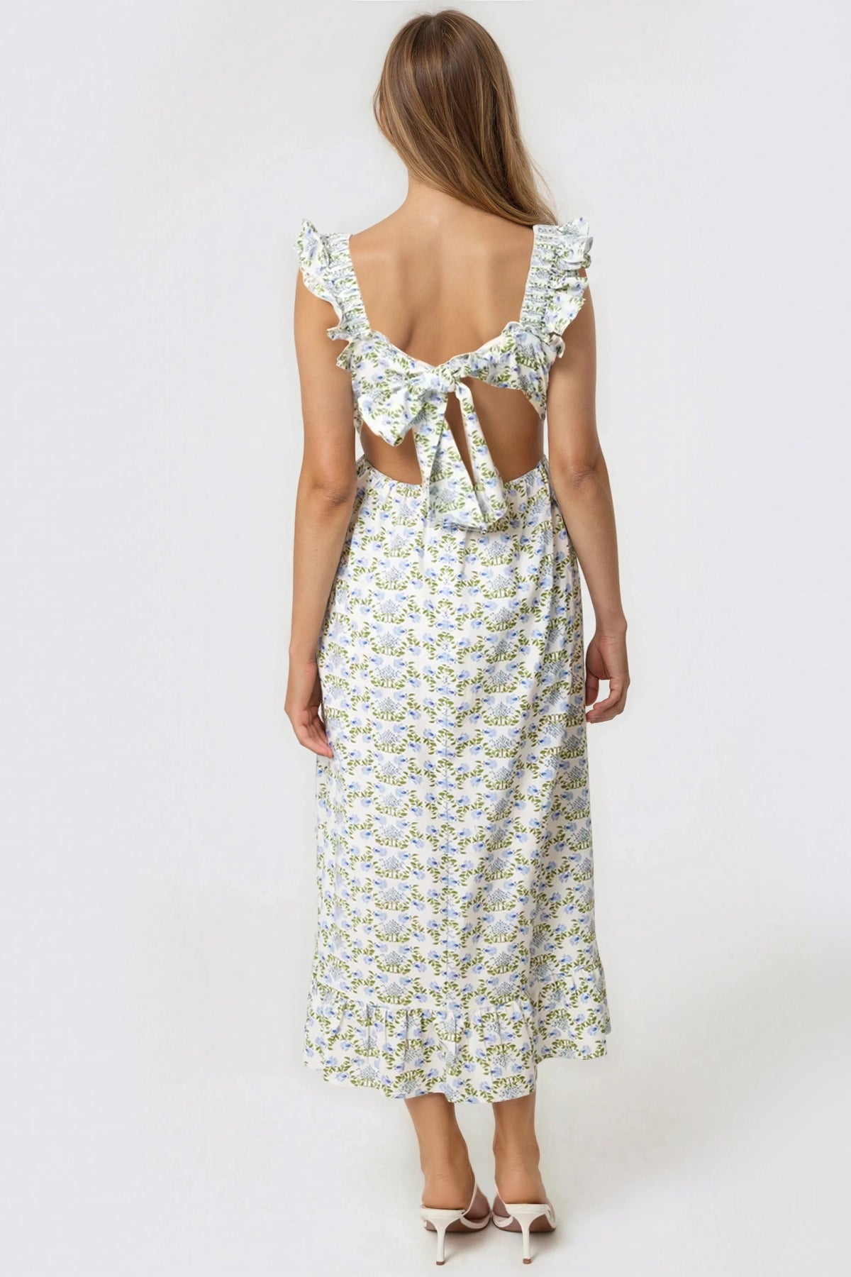 strapless open back dress Black and White Spot Midi Dress