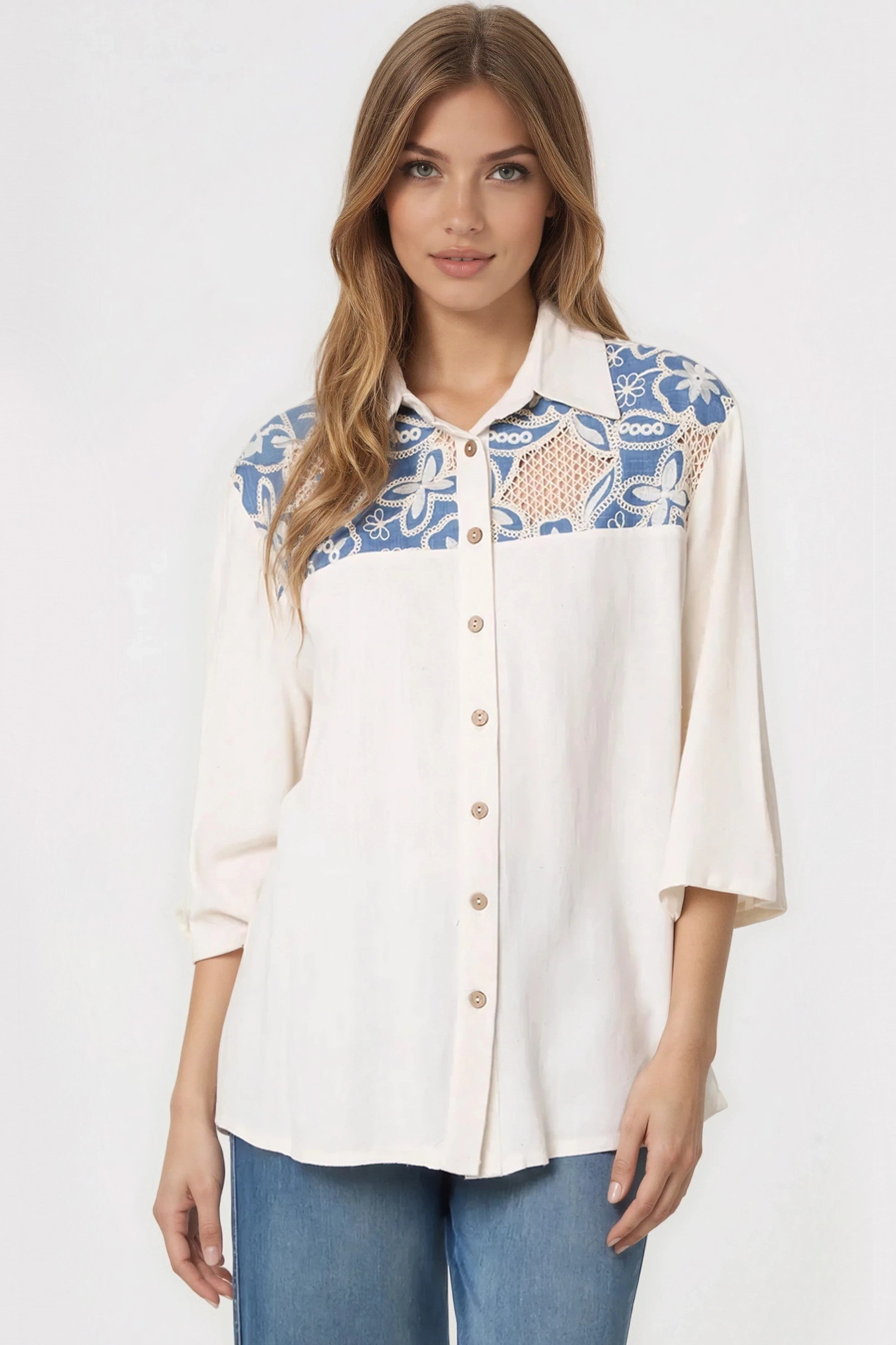 Denim Floral Crochet Linen Blend Shirt
