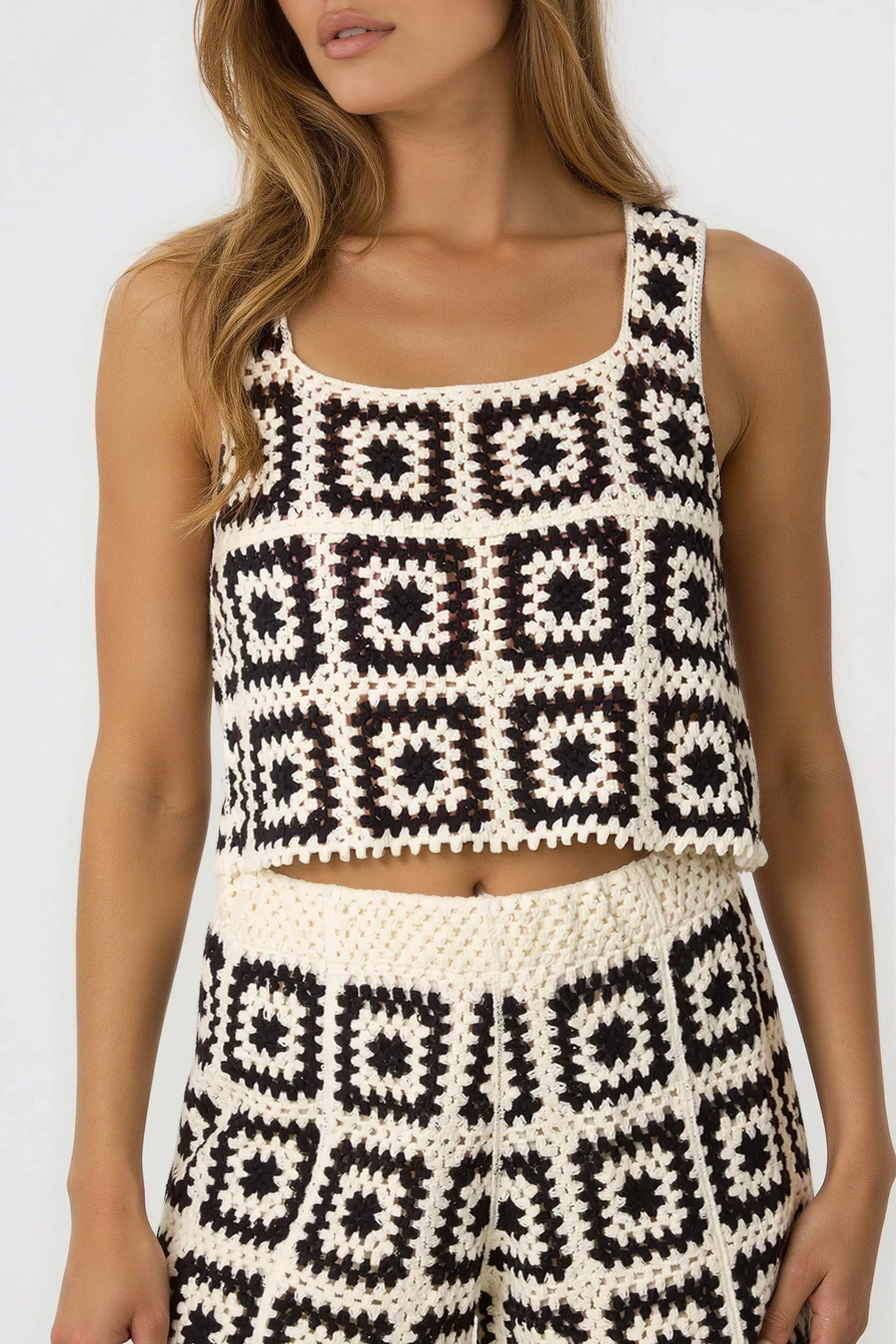 Black and Cream Crochet Top and Shorts Set