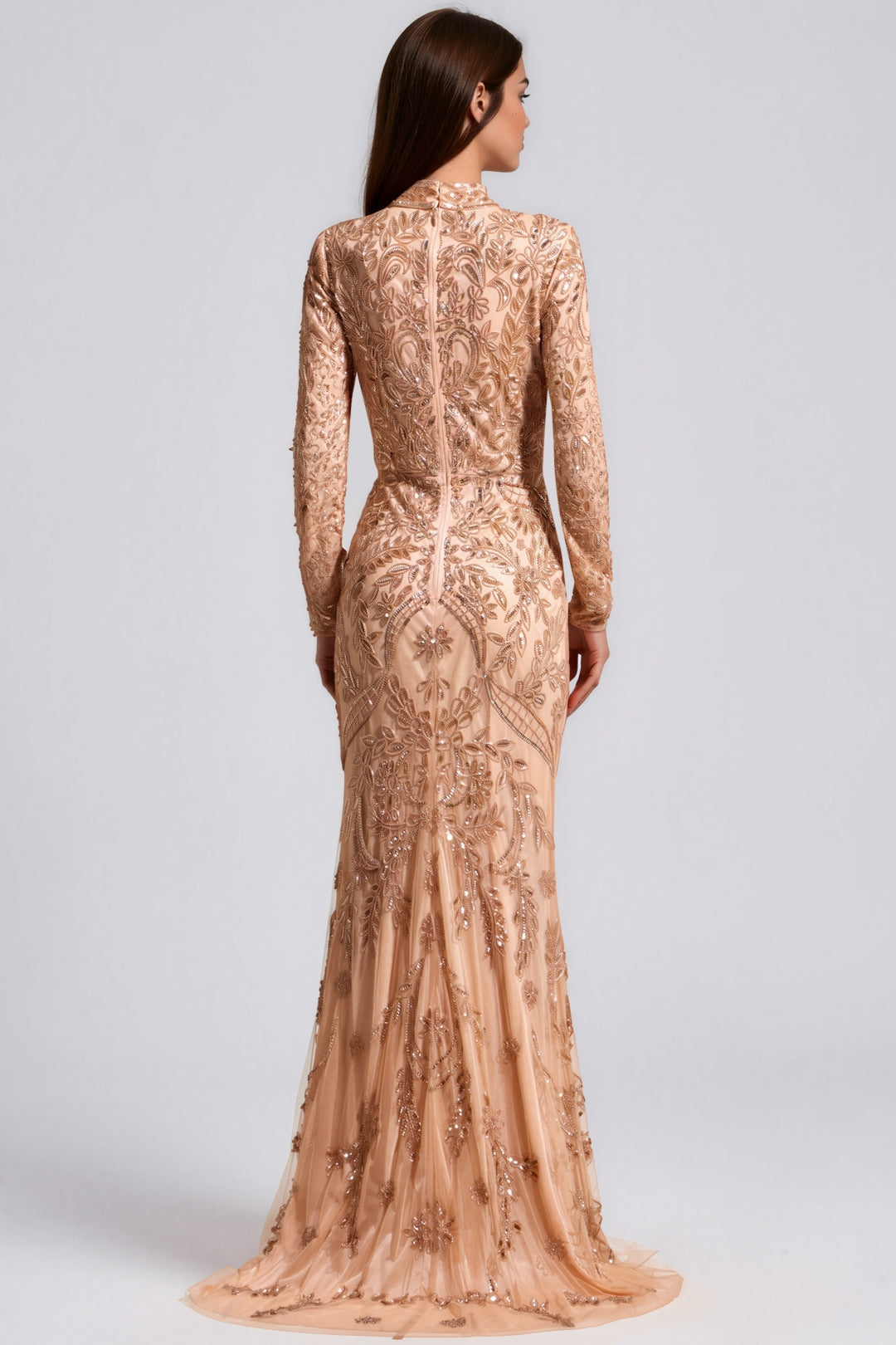 Champagne Peach Embellished High Neck Maxi Dress