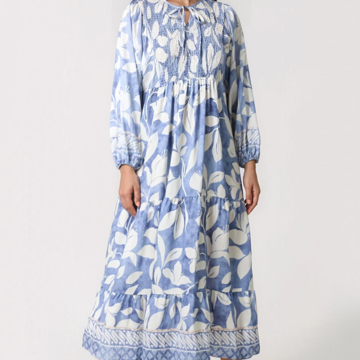 Blue Leaf Print Long Sleeve Maxi Dress