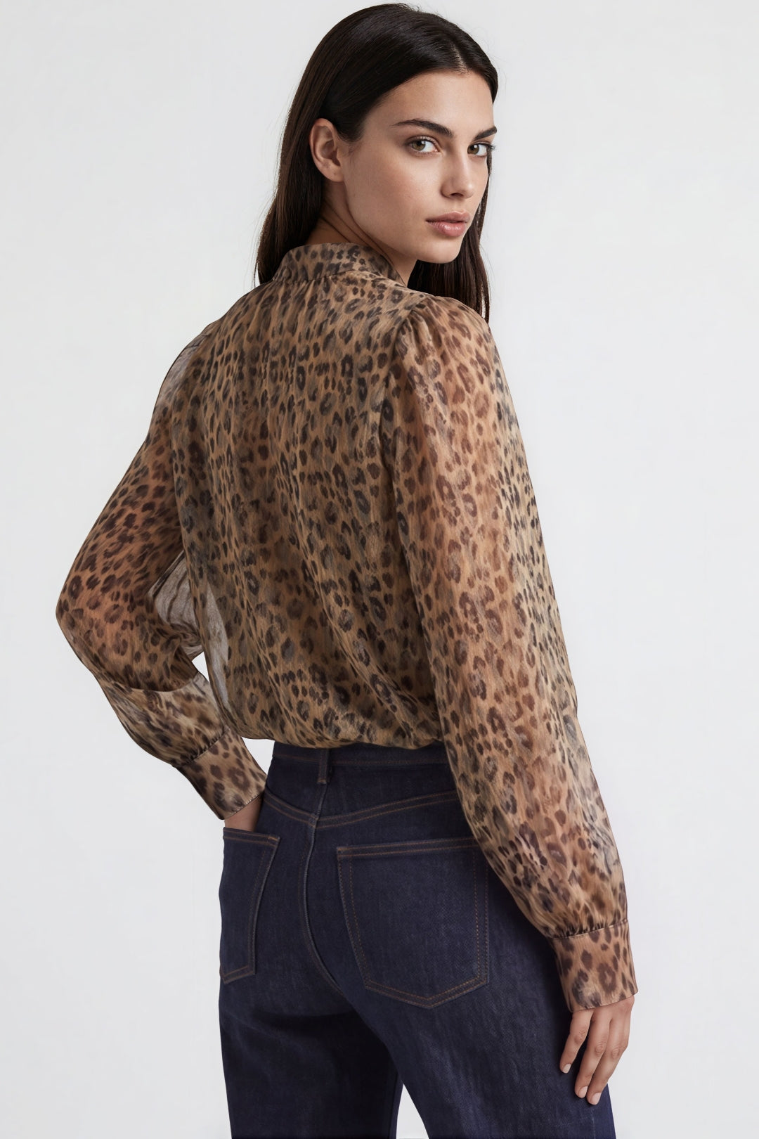 Leopard Print Long Sleeve Puffball Blouse