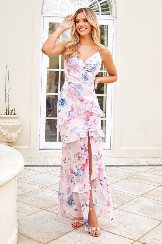 Nalia Pink Maxi Floral Chiffon Dress With Frill Hem