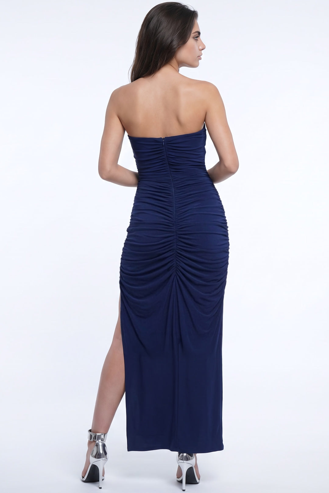 Navy Strapless Ruched Maxi Dress with Side Split