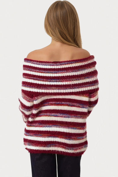 Burgundy Off The Shoulder Striped Jumper
