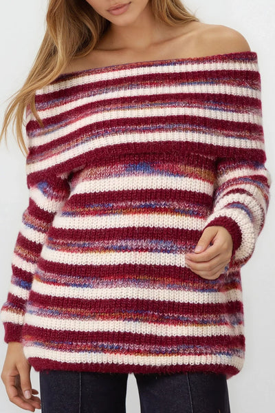 Burgundy Off The Shoulder Striped Jumper