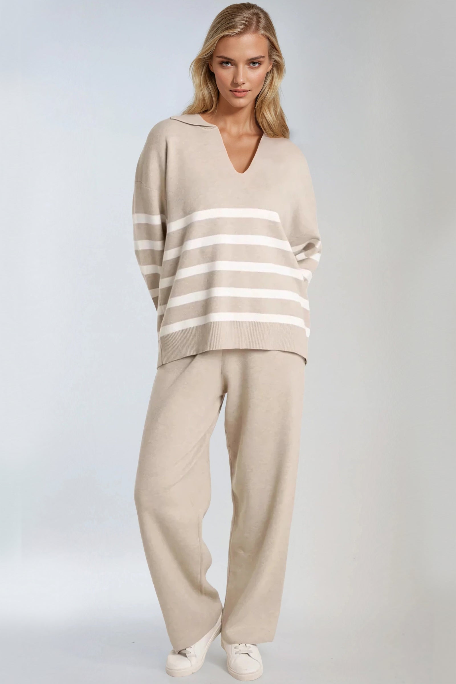Beige Striped Jumper & Trouser Knitted Set