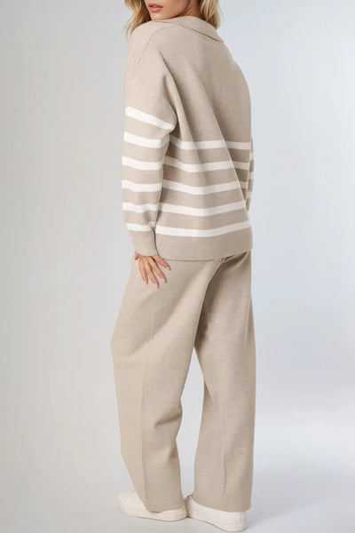 Beige Striped Jumper & Trouser Knitted Set