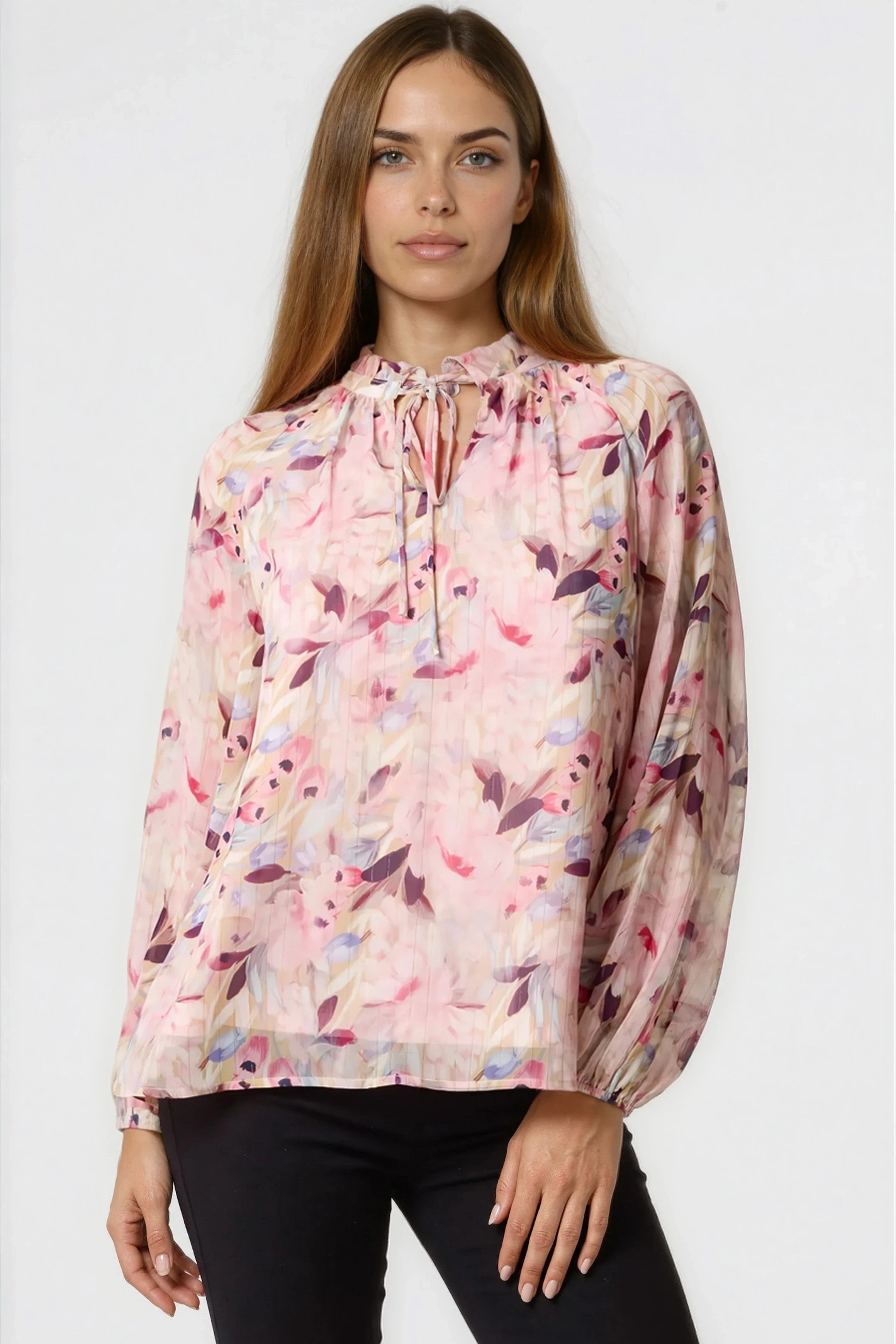 Pink Floral Print Tie Neck Blouse