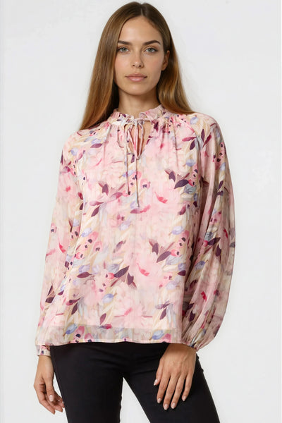 Pink Floral Print Tie Neck Blouse