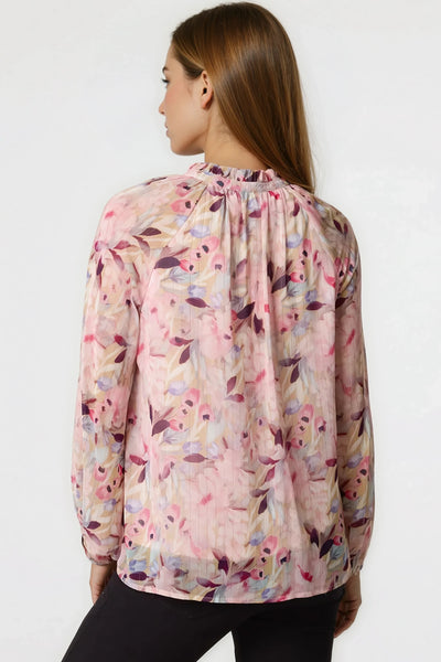 Pink Floral Print Tie Neck Blouse