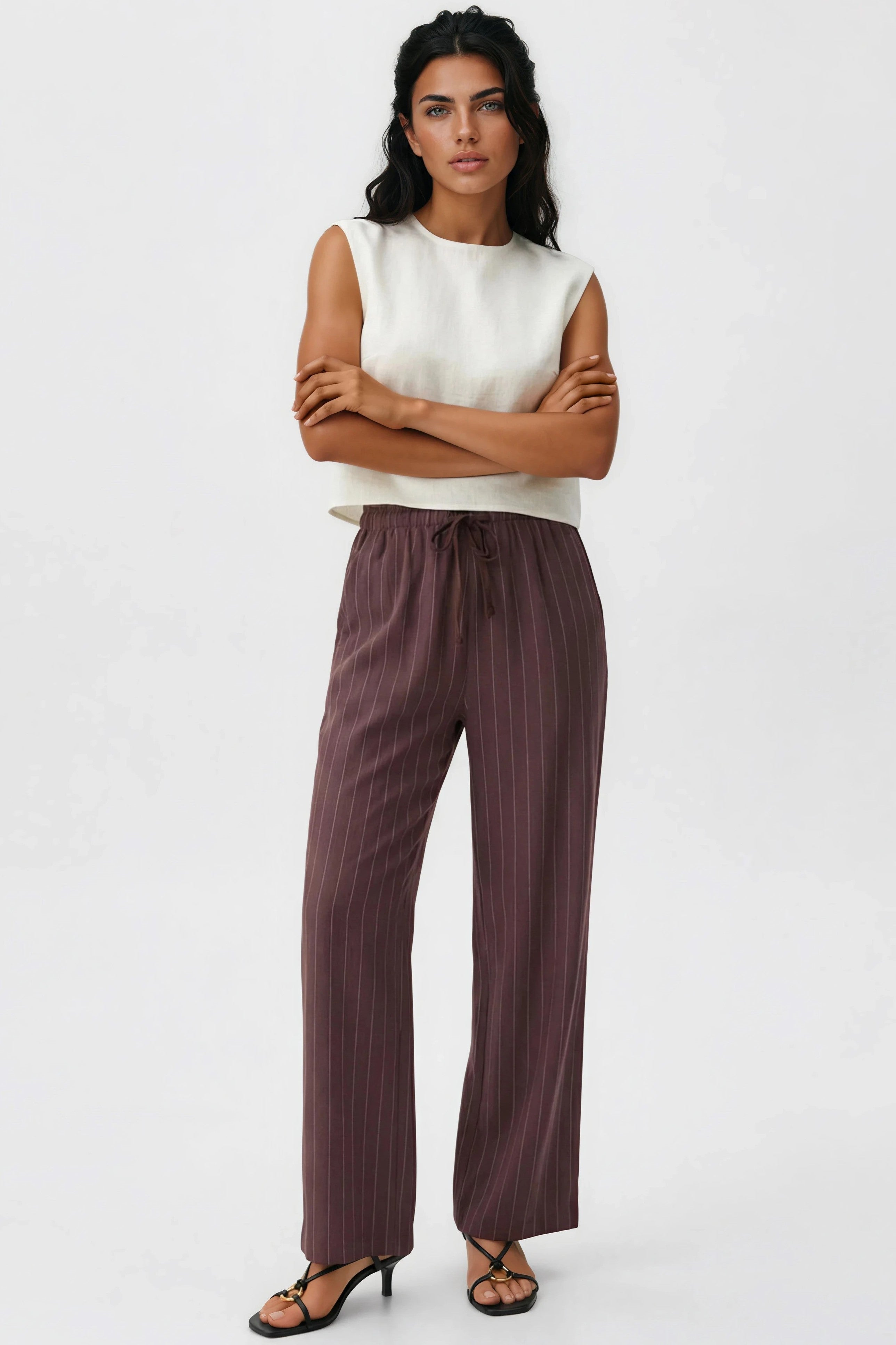 Brown Linen Blend Pin Striped Wide Leg Trousers