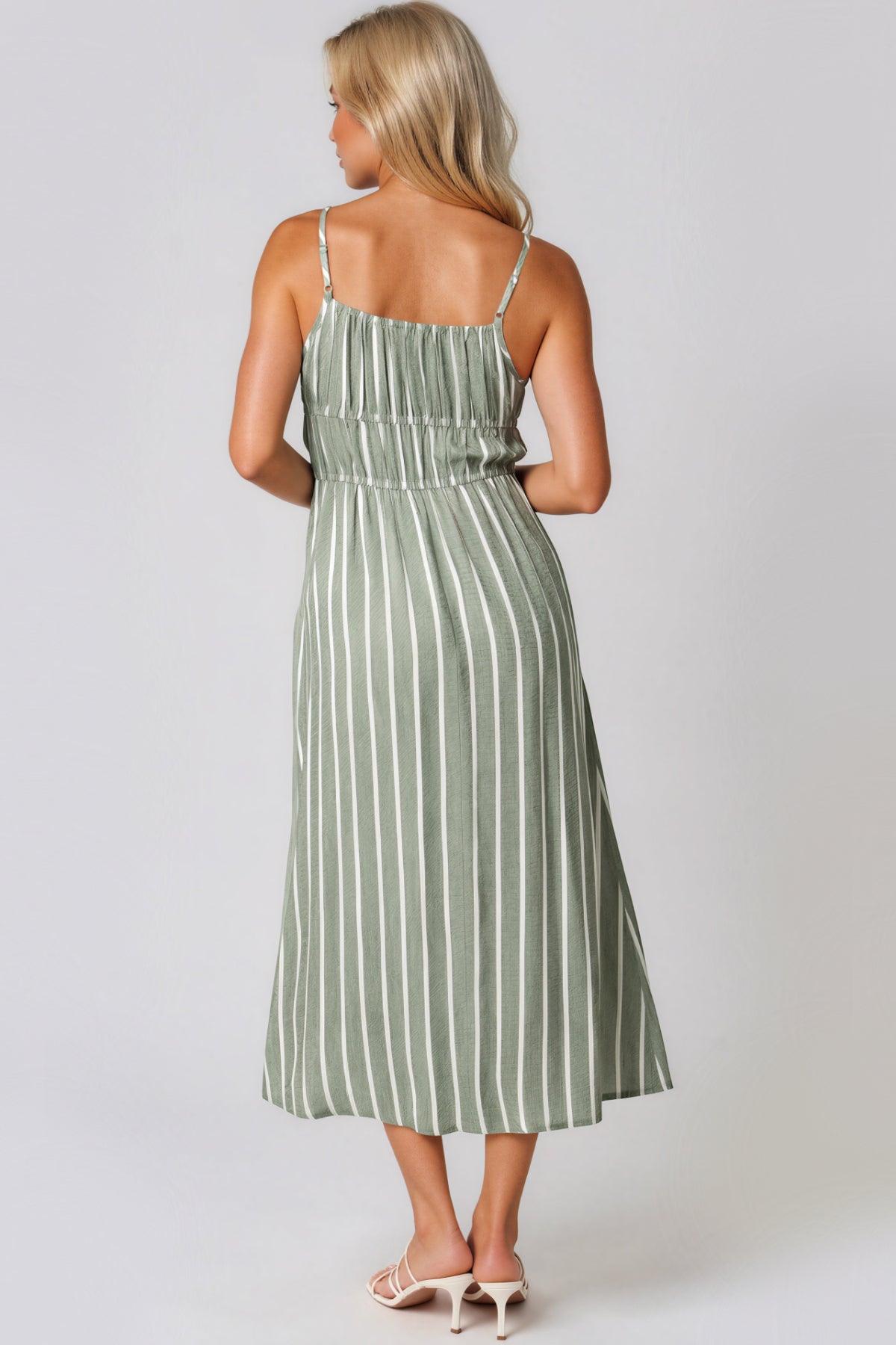 Khaki Pinstripe Tie Front Dress