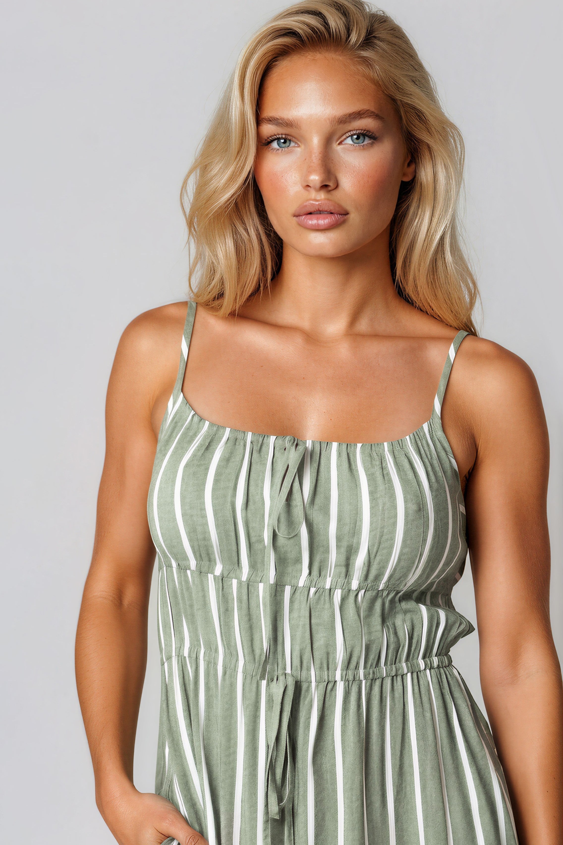 Khaki Pinstripe Tie Front Dress