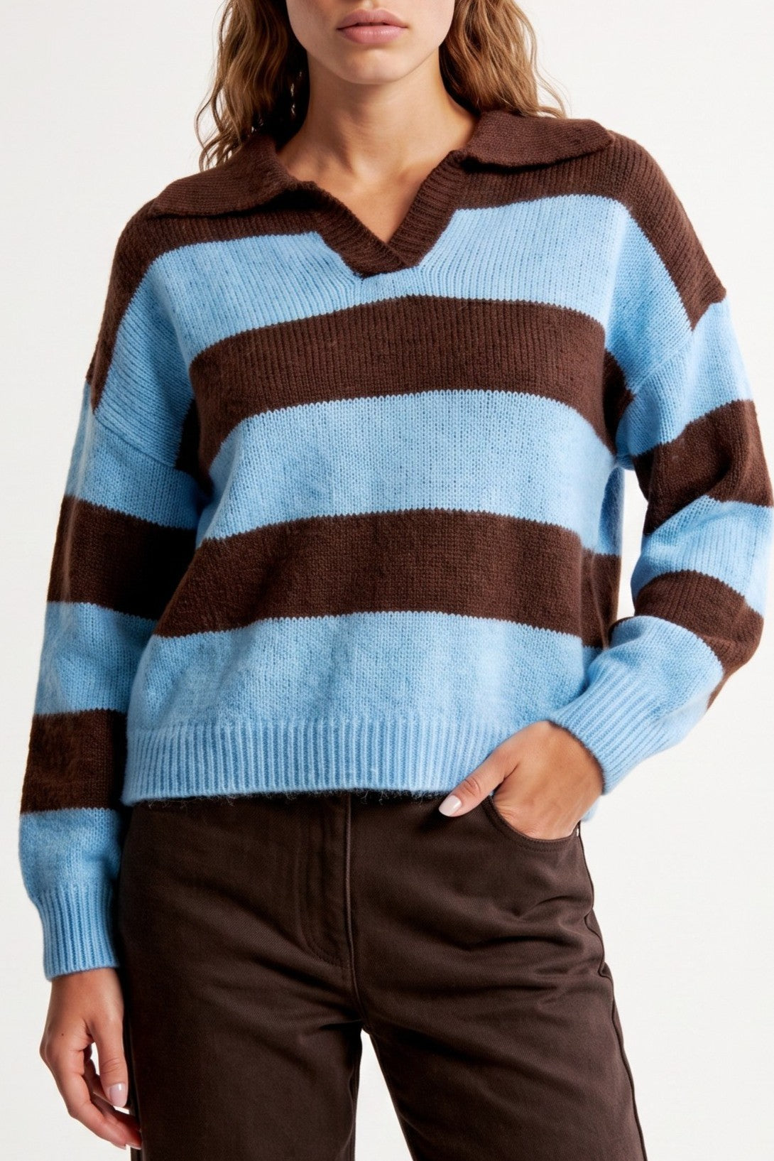 Blue Brown Stripe Collared Knit Jumper