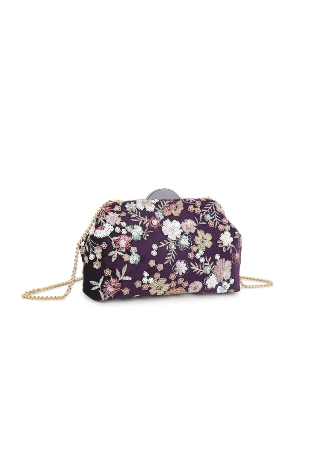 Purple Floral Embellished Velvet Clutch Bag