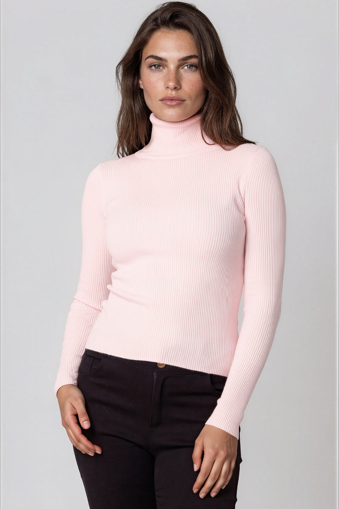 Pink Roll Neck Ribbed Jumper
