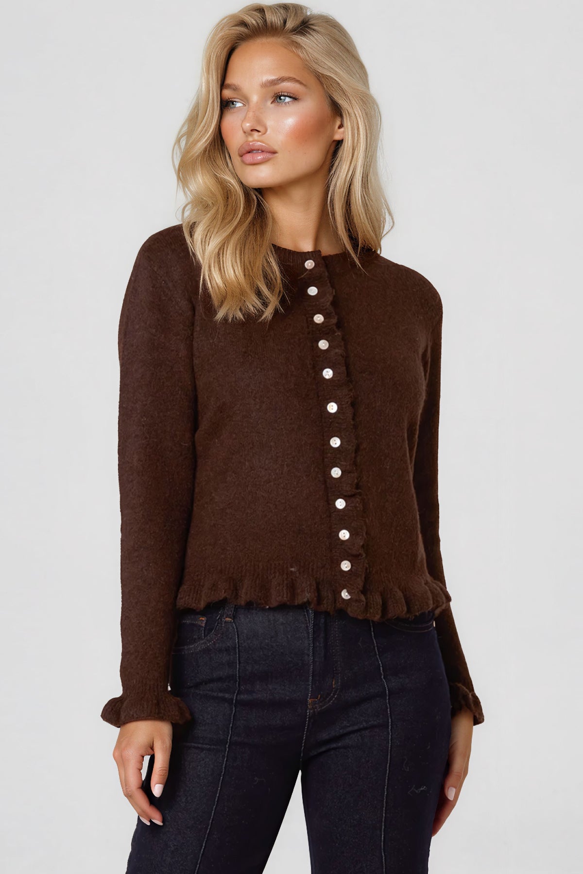 Brown Ruffled Trim Wool Blend Cardigan