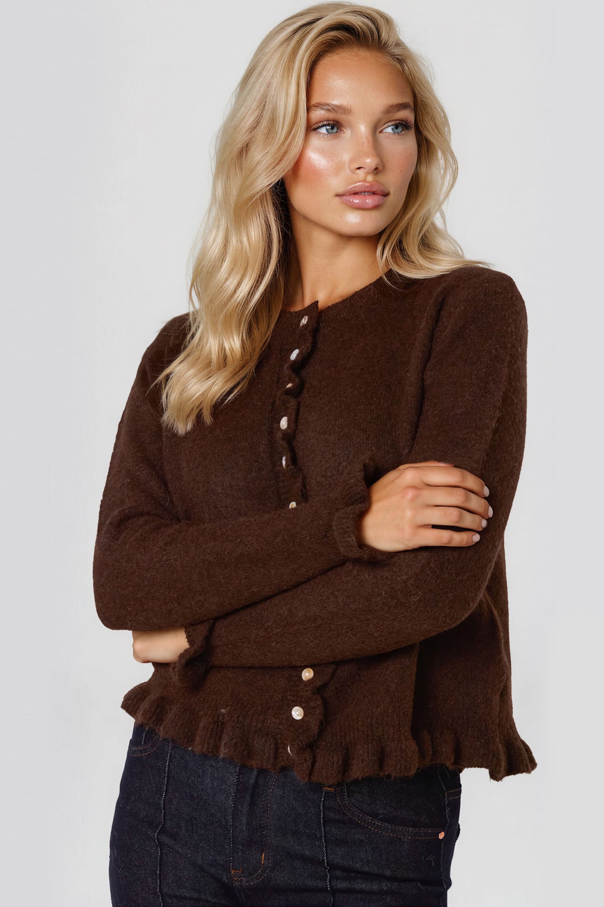Brown Ruffled Trim Wool Blend Cardigan