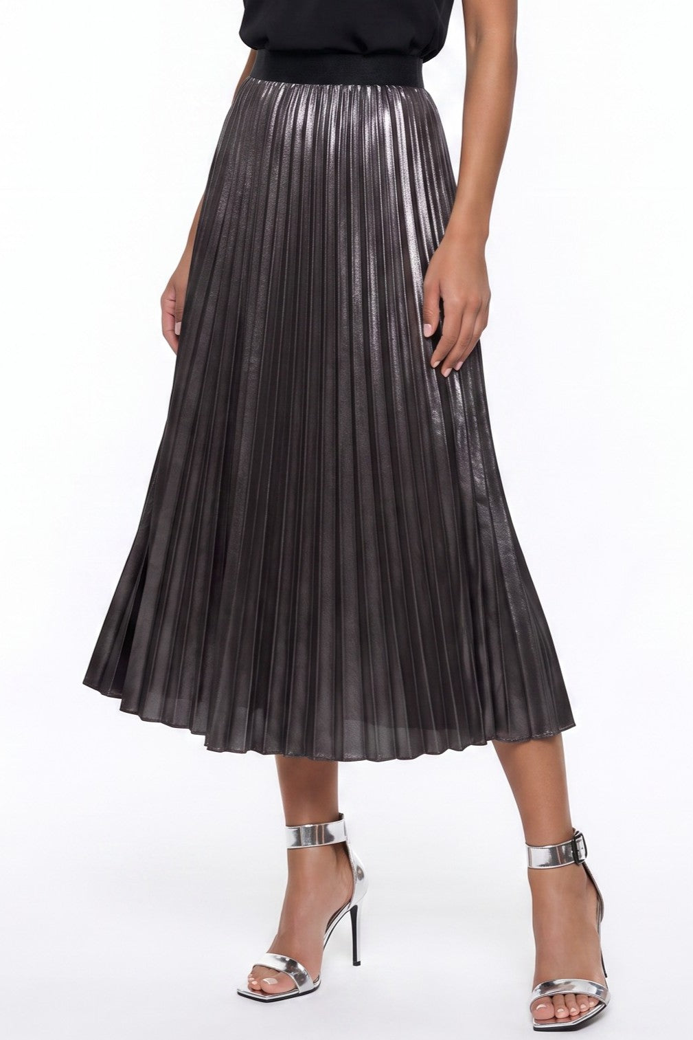 Black Satin Pleated Midi Skirt