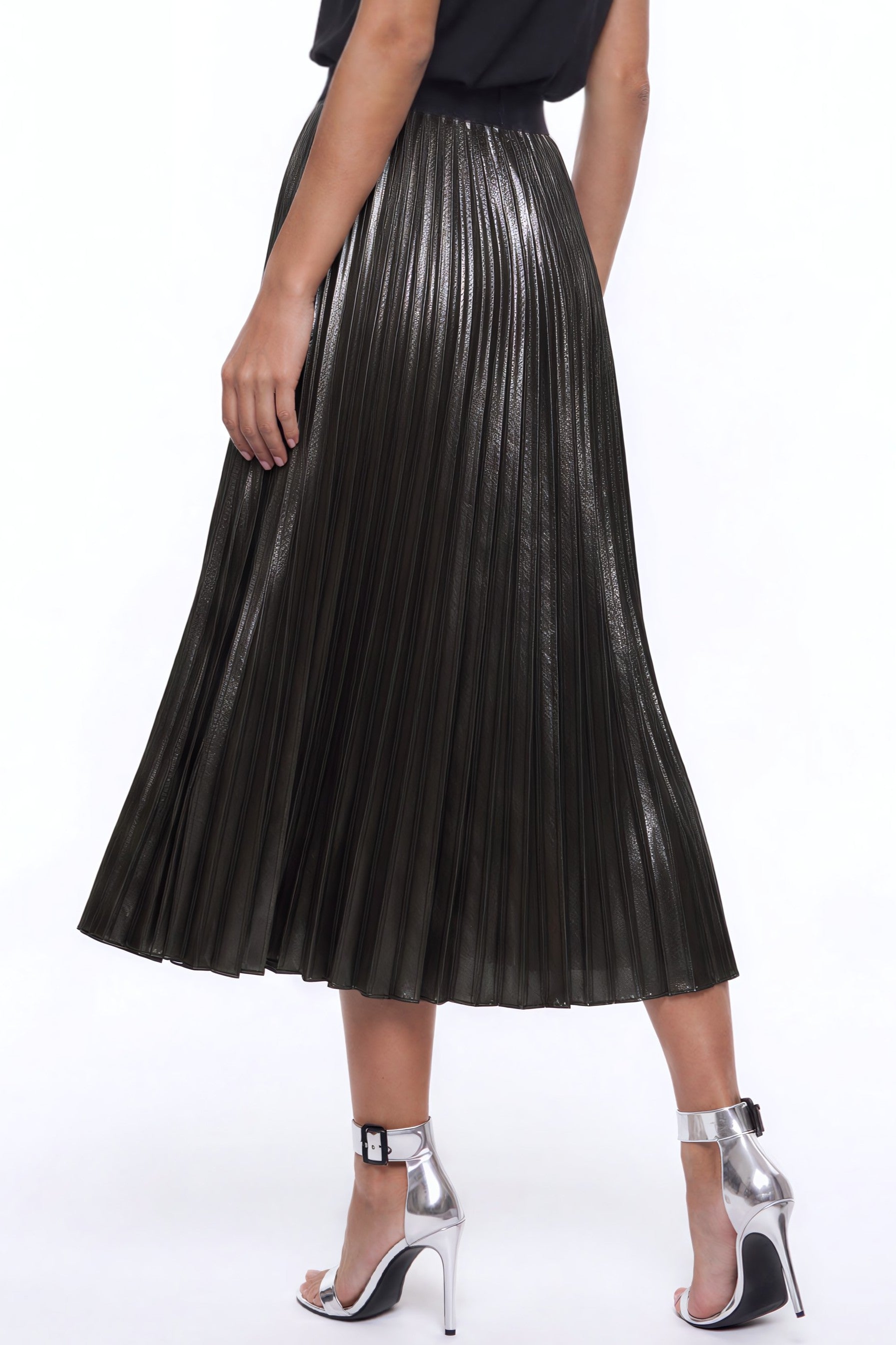 Black Satin Pleated Midi Skirt