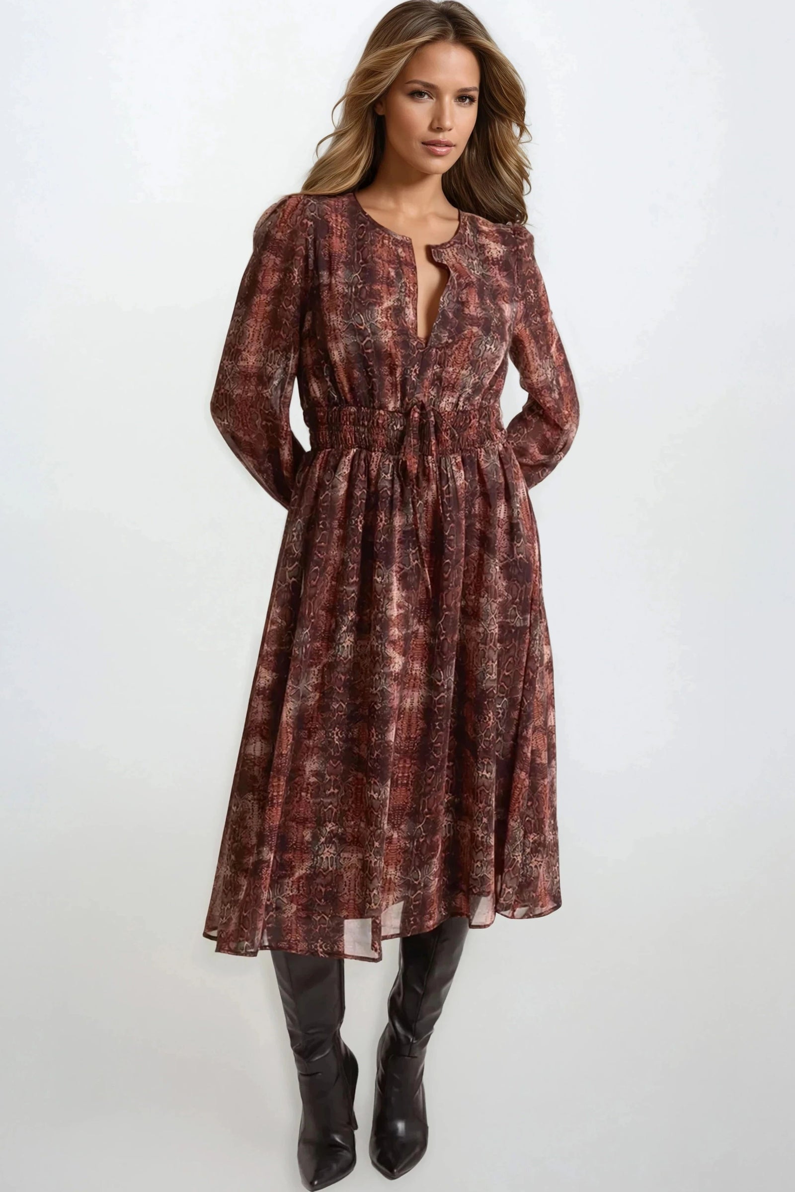 Brown Snake Print Long Sleeve Midi Dress