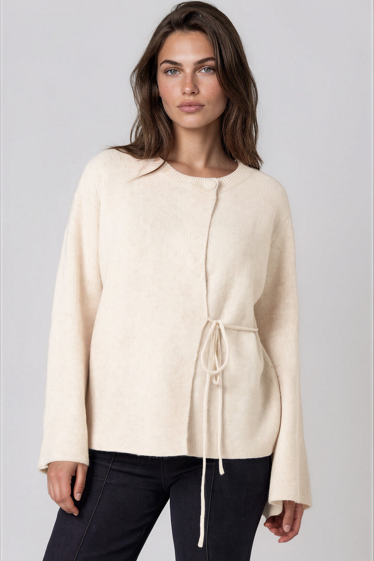 Beige Knitted Side‑Tie Cardigan