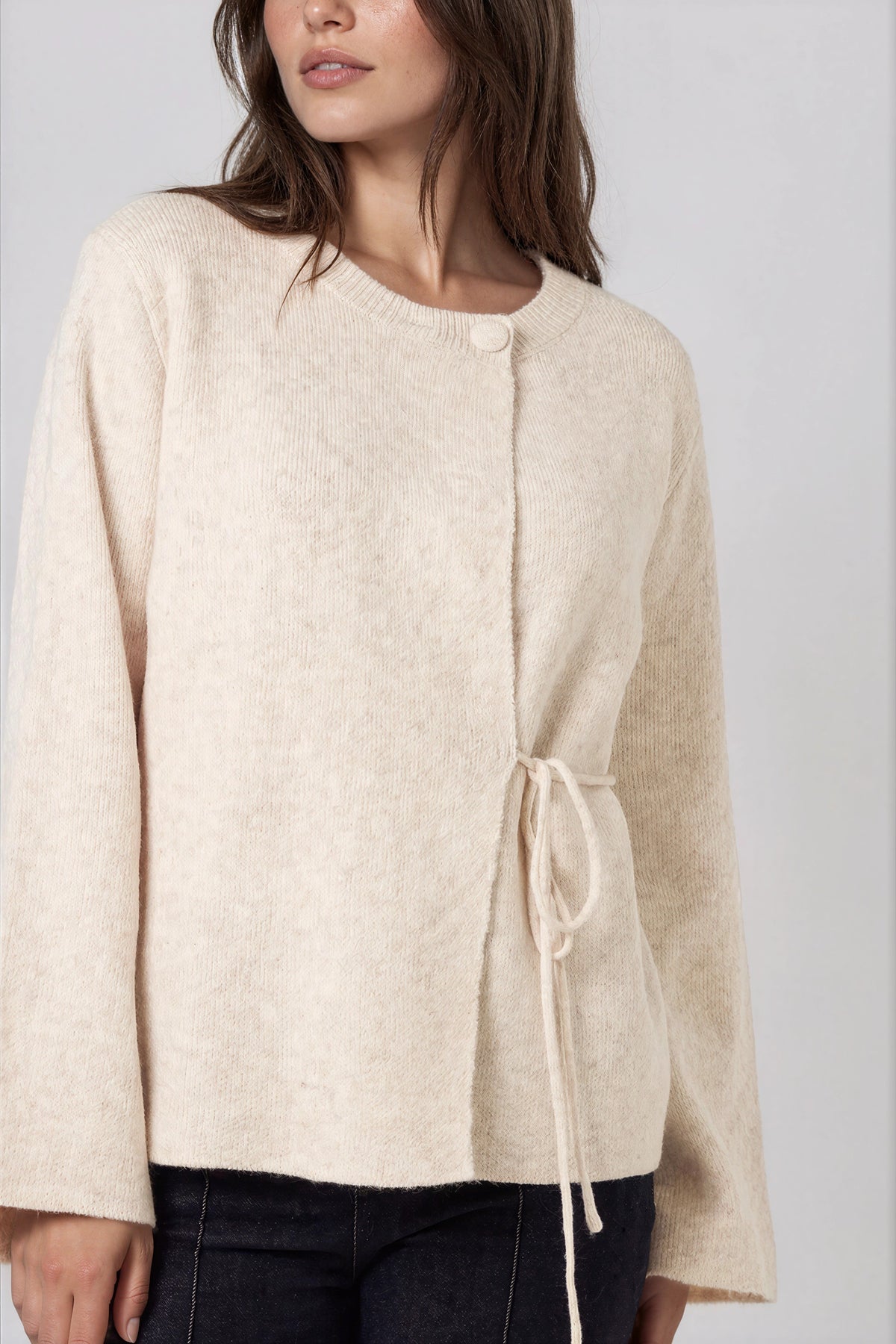 Beige Knitted Side‑Tie Cardigan