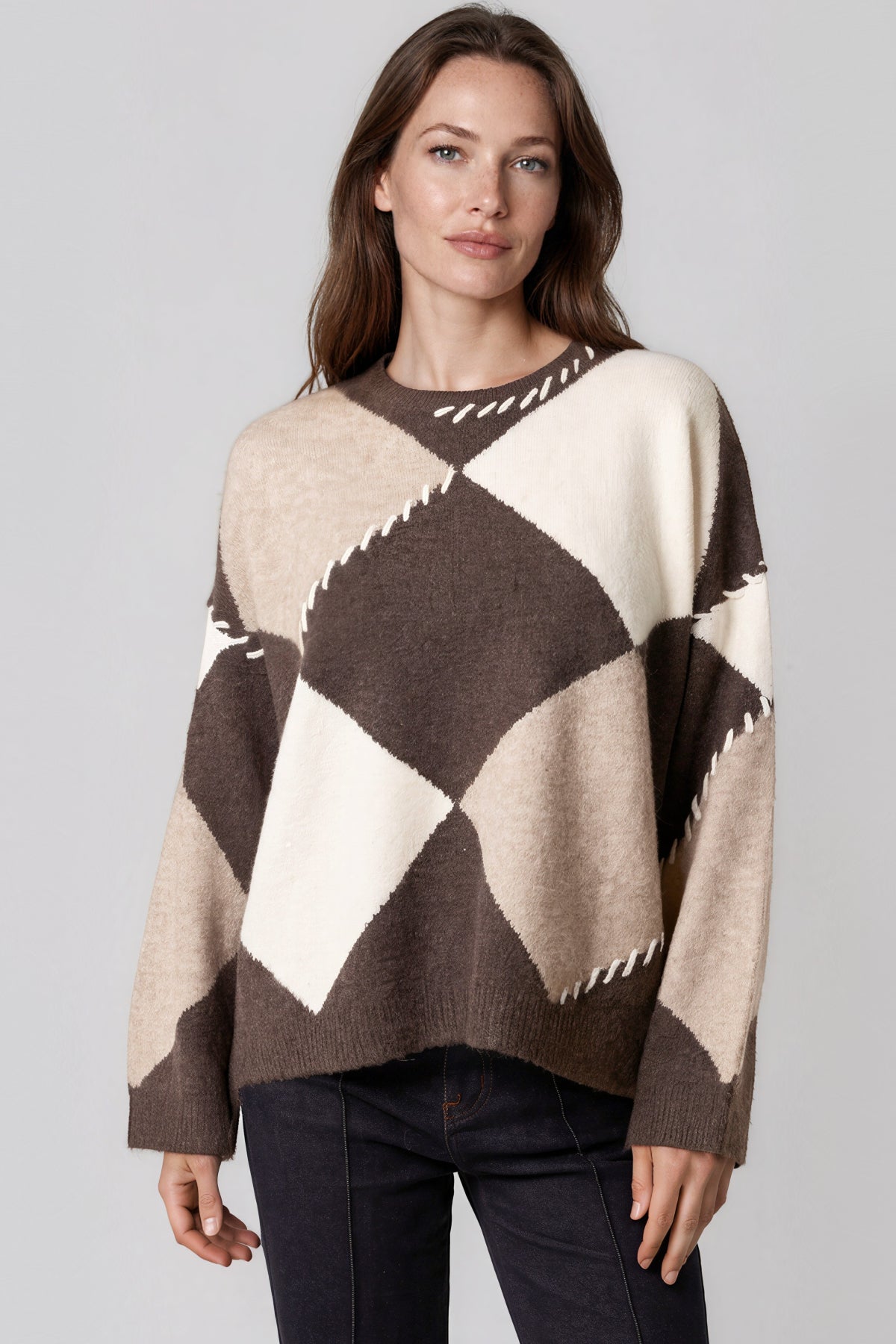Brown Argyle Wool Blend Jumper
