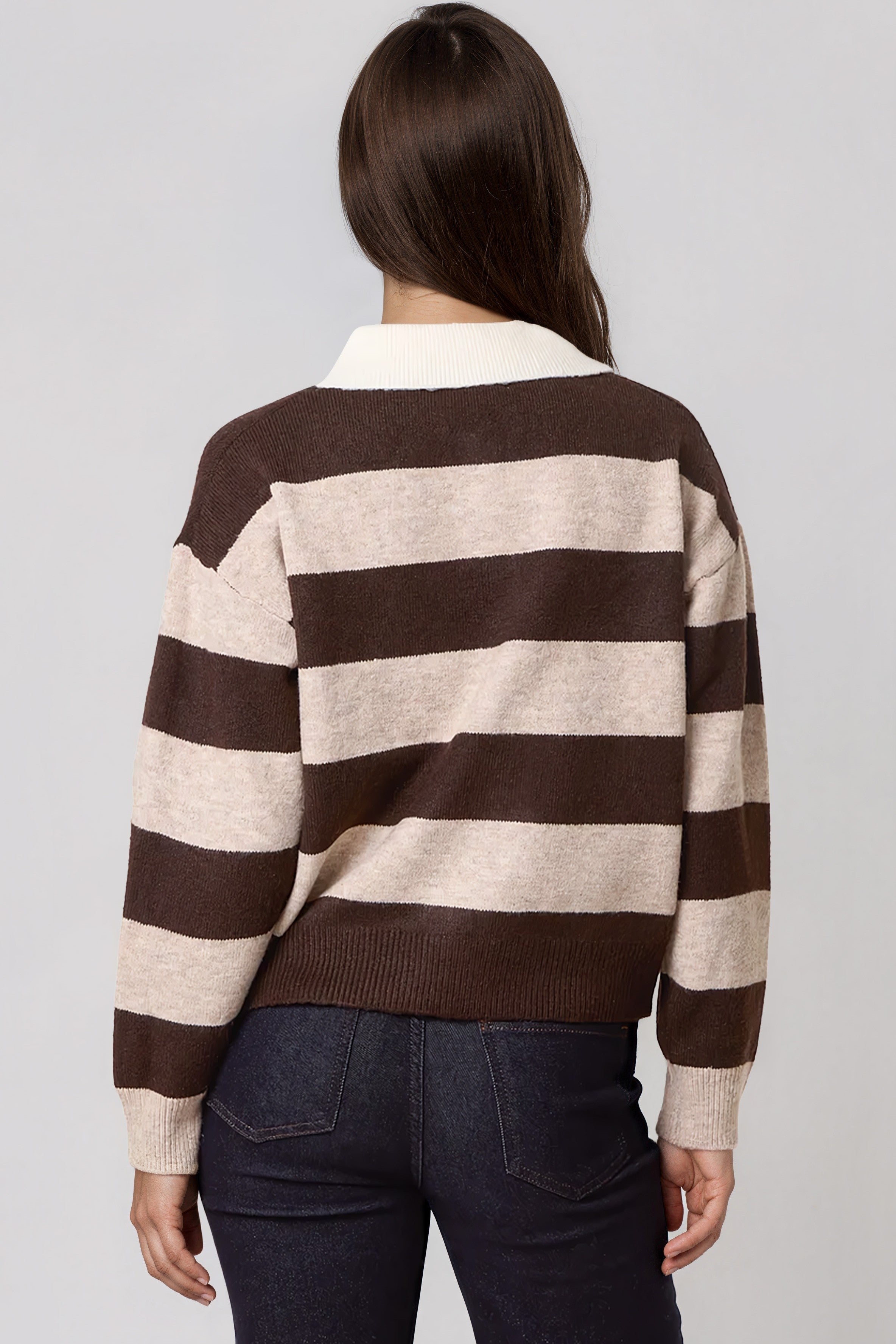 Brown Stripe Wool‑Blend Polo Collared Knit Jumper