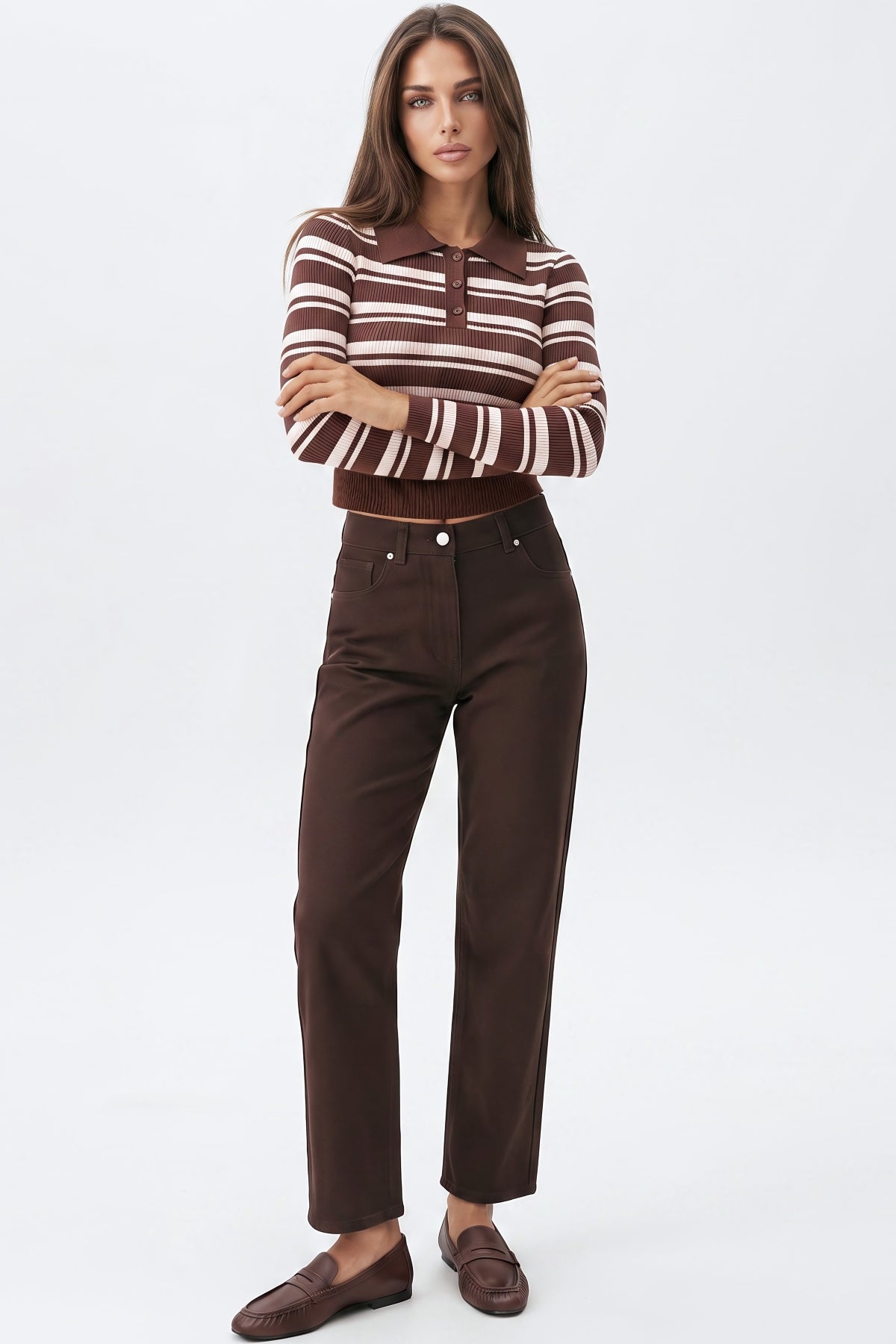 Brown Pink Striped Long Sleeve Collar Ribbed Jumper