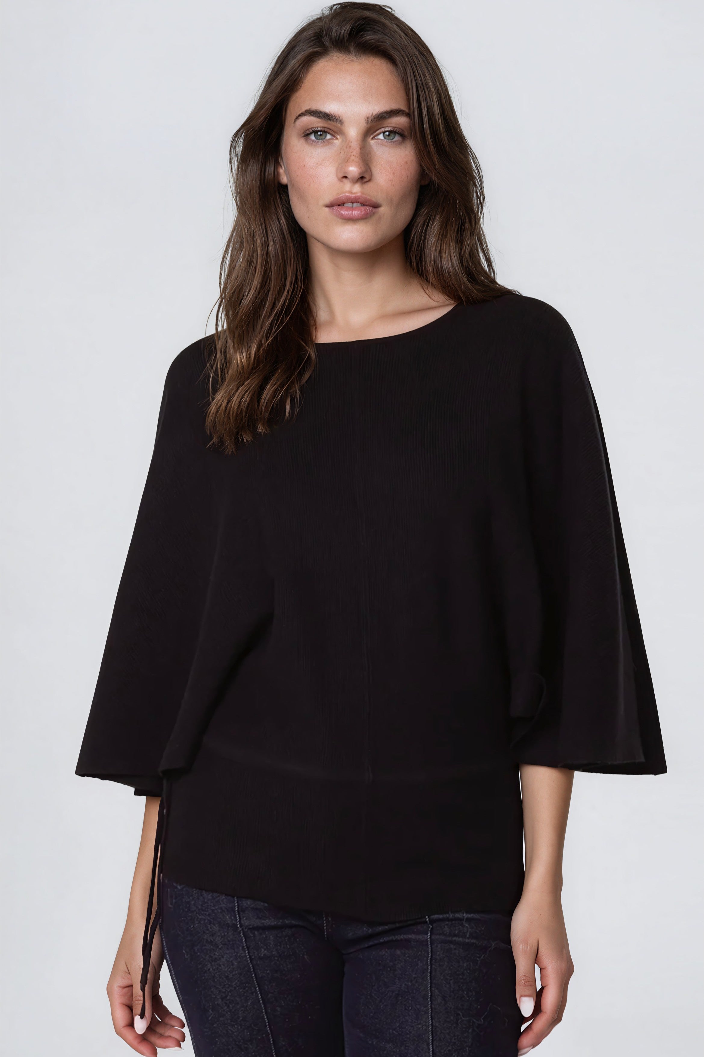 Black Tie Waist Batwing Sleeve Knit Jumper