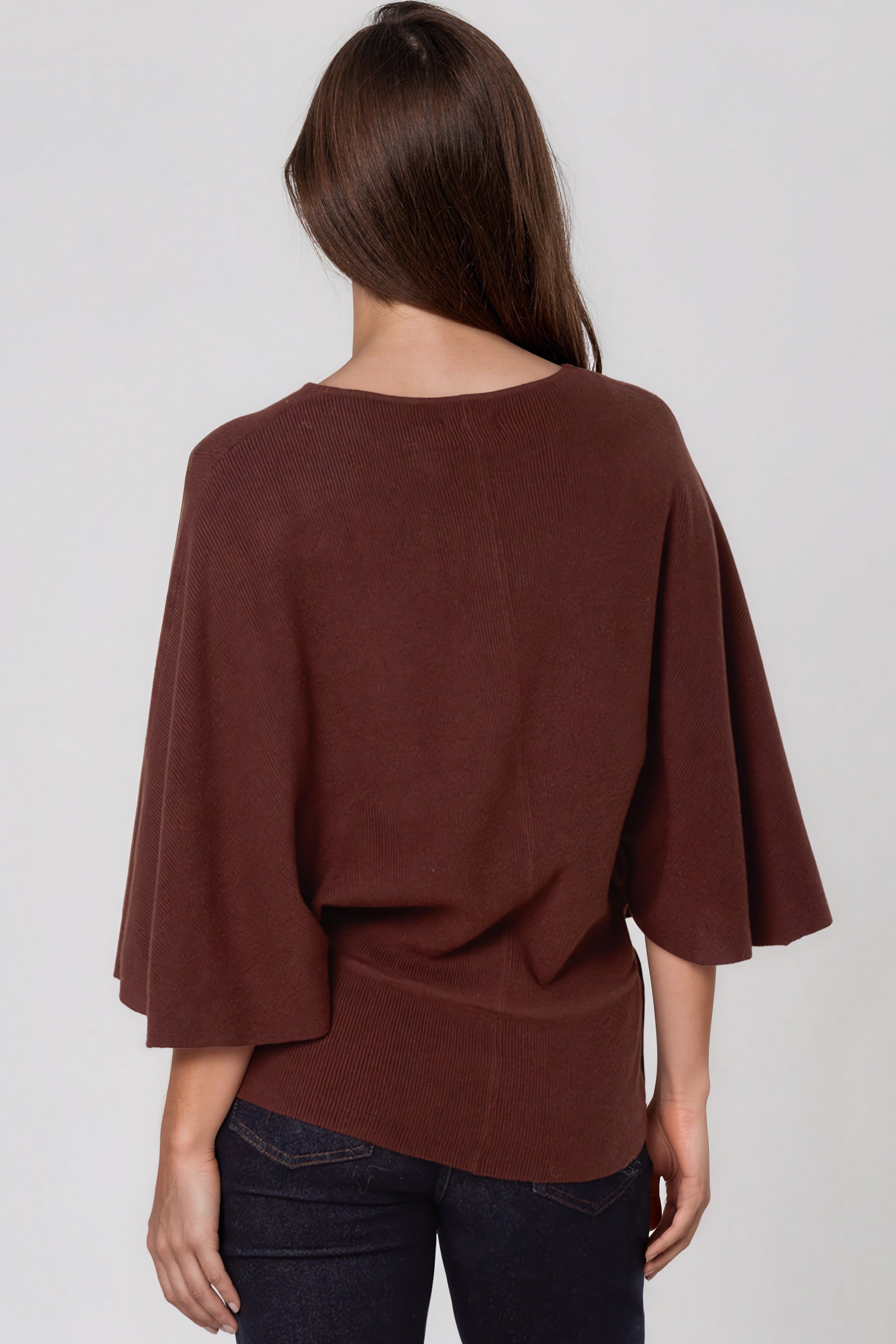 Brown Tie Waist Batwing Sleeve Knit Jumper