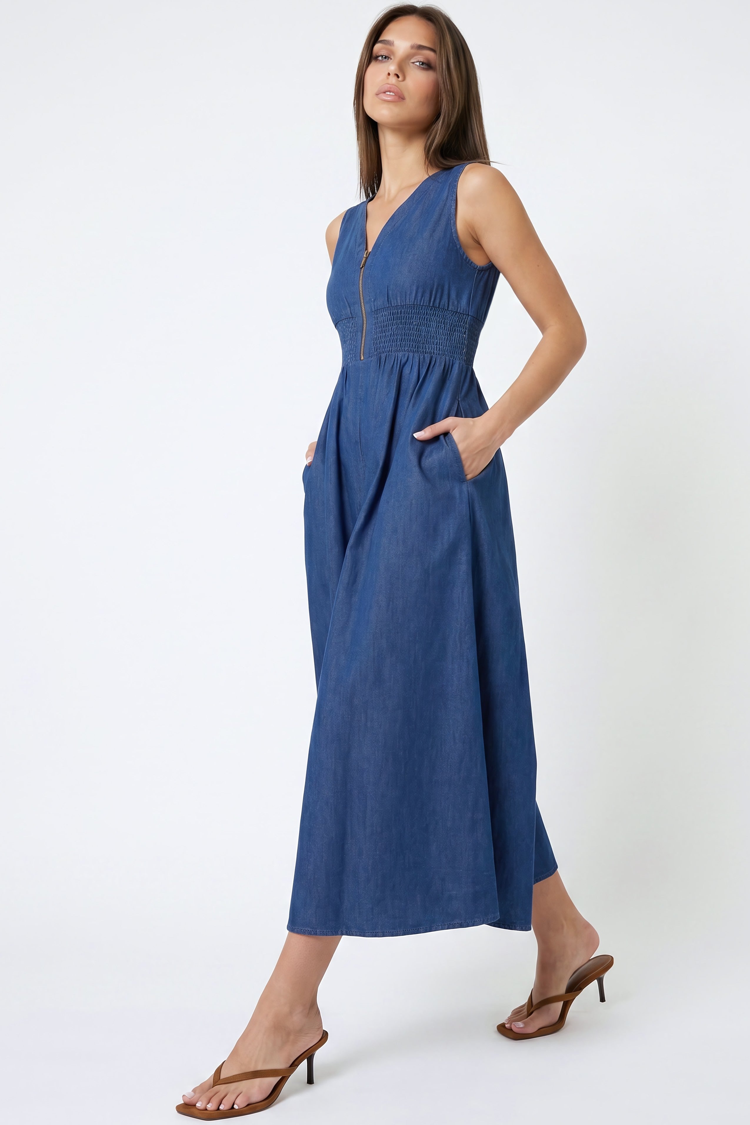 Denim Shirred Cotton Blend Jumpsuit with Pockets