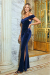 Meela Navy Velvet Bardot Neck Maxi Dress With Slit