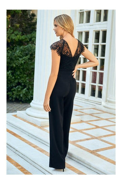 Seveyn Black Eyelash Lace Top Jumpsuit With Stretch Wide Leg Trousers