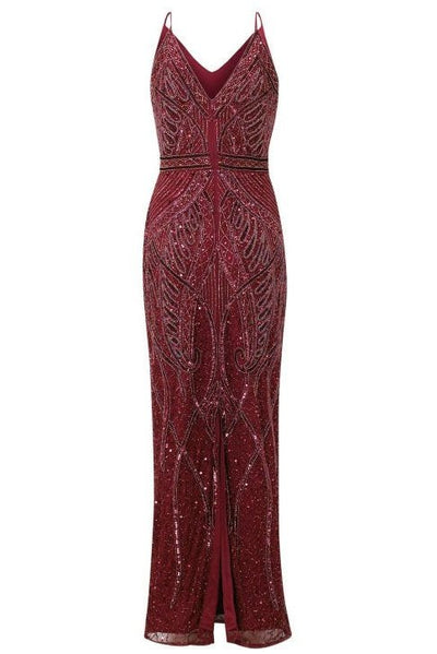 Flory Berry Full Beaded Maxi Dress - Aftershock London