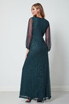 Daisianne Emerald Green Sequin Beaded Long Mesh Sleeve Maxi Dress - Aftershock London