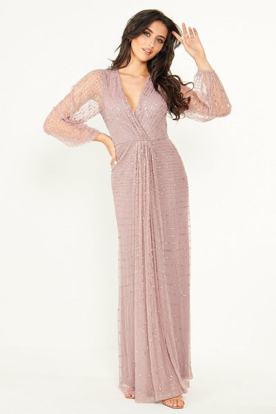 Daisianne Lilac Sequin Beaded Long Mesh Sleeve Maxi Dress - Aftershock London