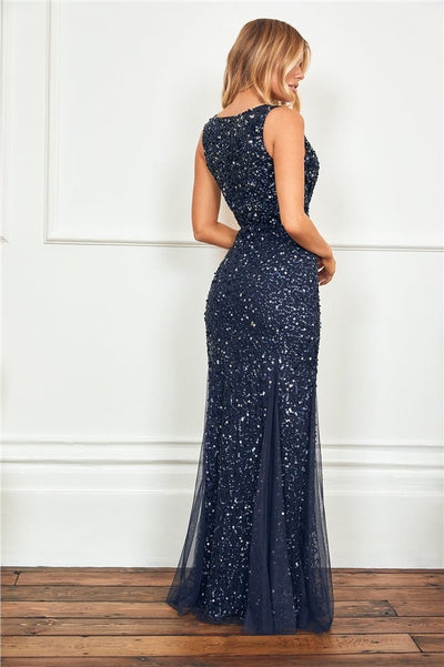 Giselle Navy Sequin Maxi Dress Featuring Inserts - Aftershock London