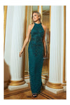 Glossie Green Halter Neck Beaded Sequin Maxi Dress - Aftershock London