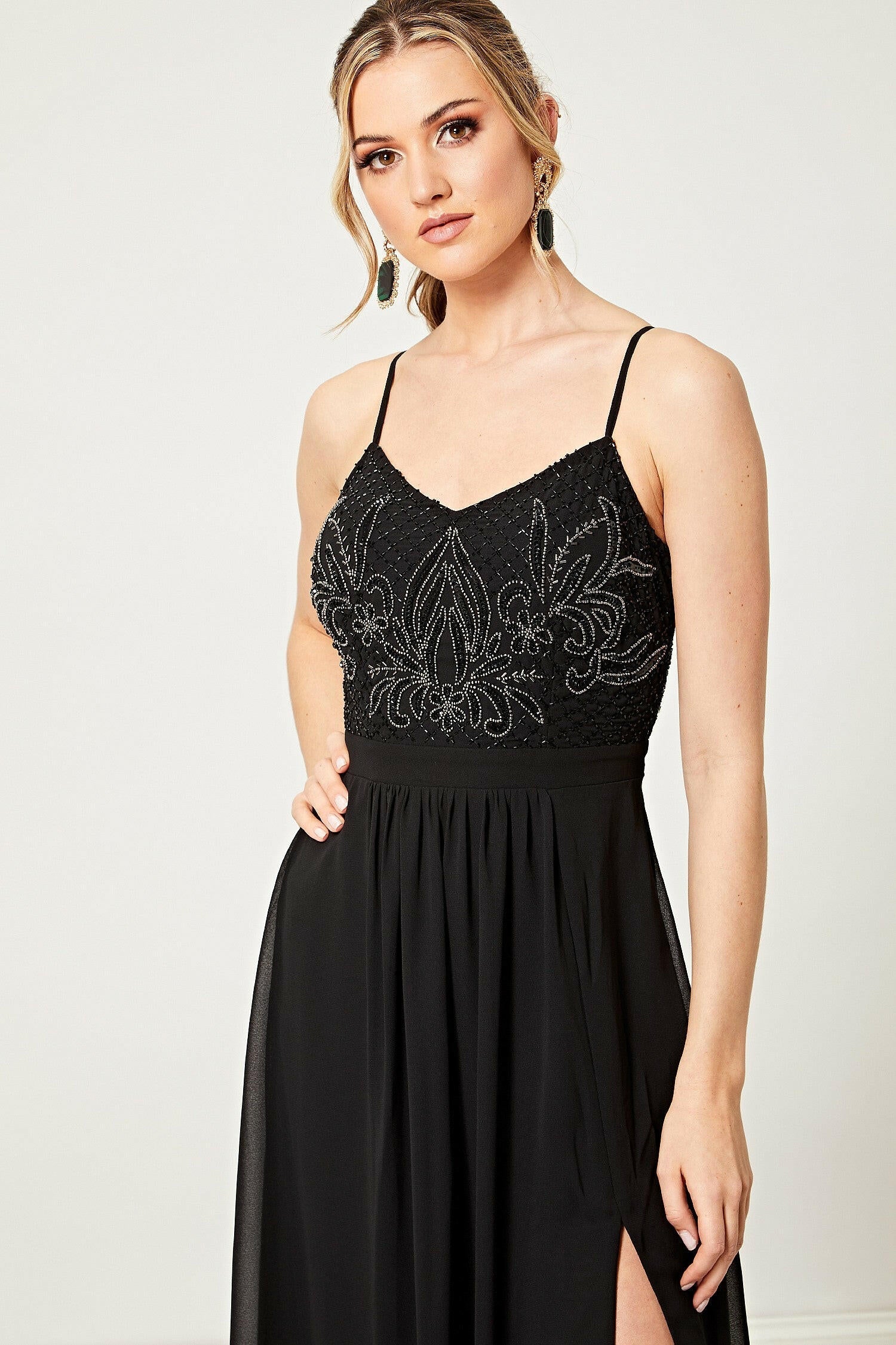 Nina Black Embellished Cami Maxi Dress - Aftershock London