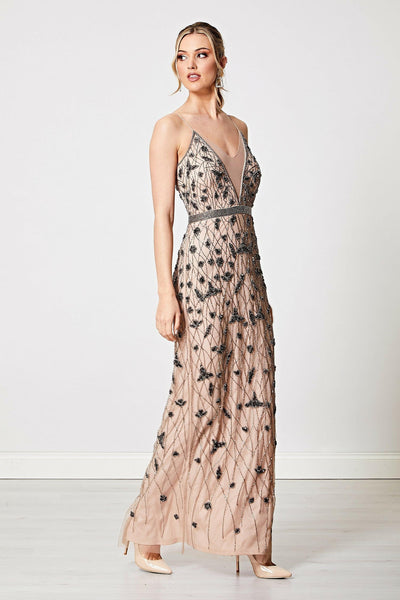 Gia Beige Cami Embellished Sequin Maxi Dress - Aftershock London