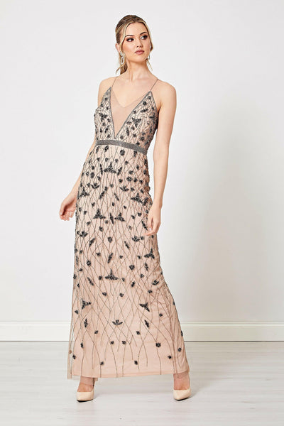 Gia Beige Cami Embellished Sequin Maxi Dress - Aftershock London